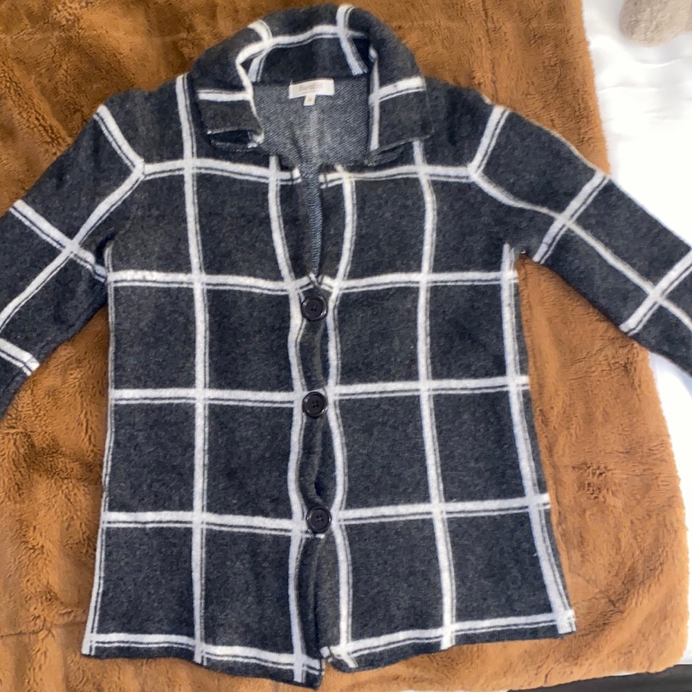 Gray Plaid Fuzzy Button Up Sweater Coat Jacket Size M